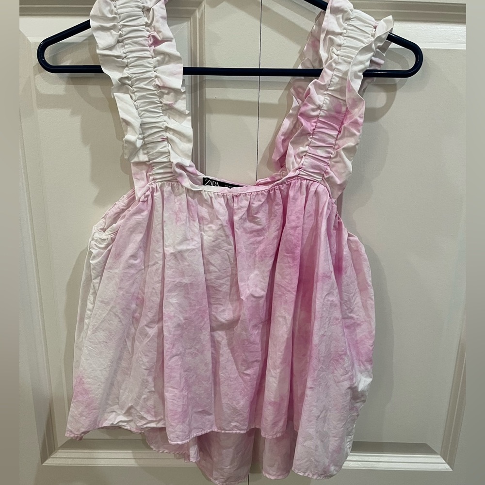 Zara- tie dye tank, ruffles, size XS, pink & white
